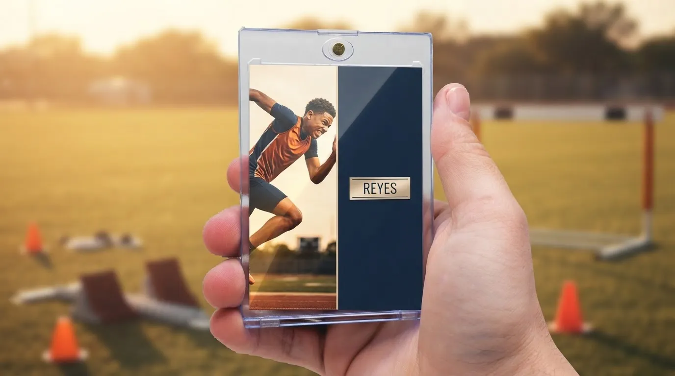 Hand holding magnetic case with rc card featuring split-layout sprinter design in warm light.