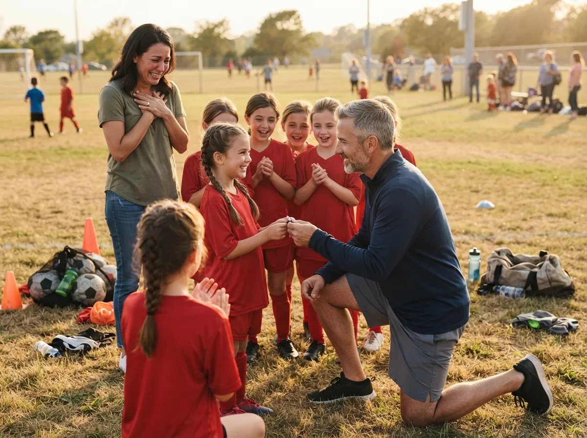 Coach shares a proud moment with young athlete as parent watches emotionally on field.
