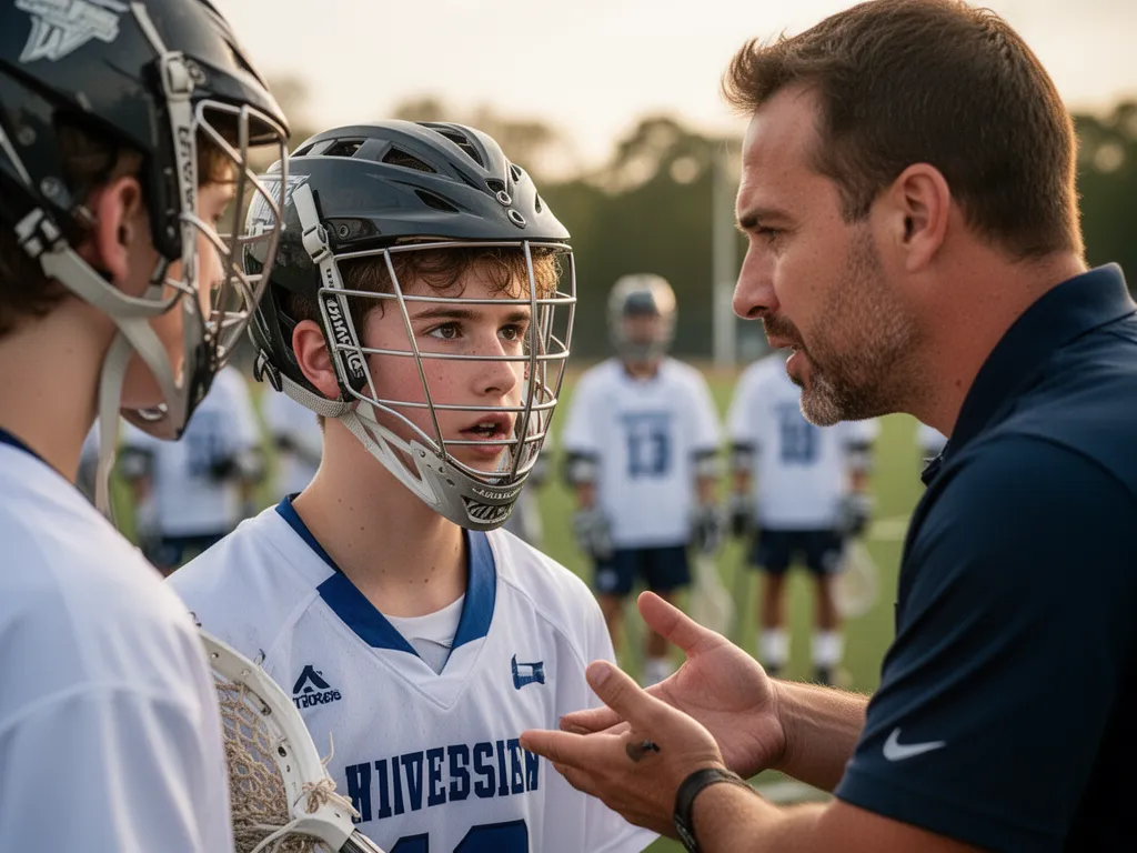 Young lacrosse player receiving coaching guidance with focused expression during practice