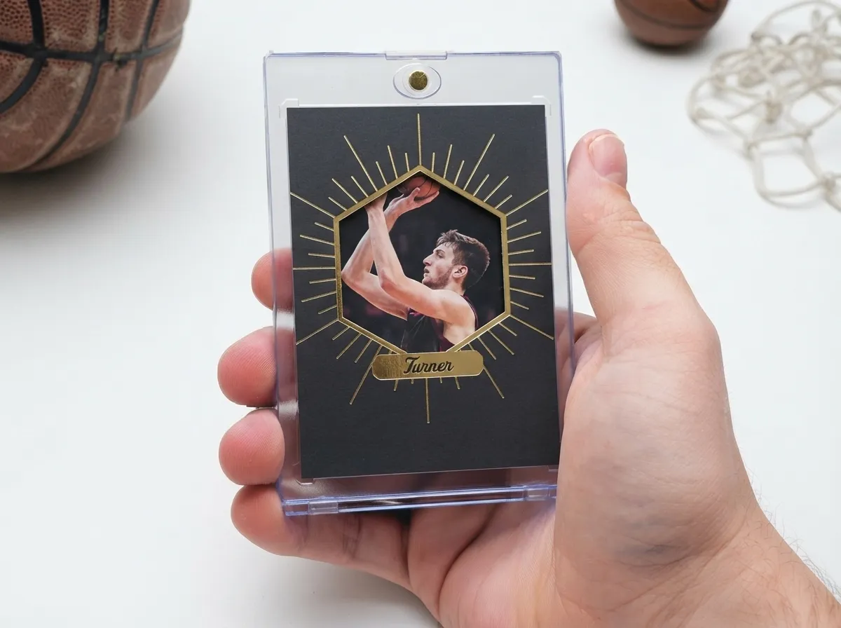 Custom sports trading card with gold foil burst design displayed in magnetic case.