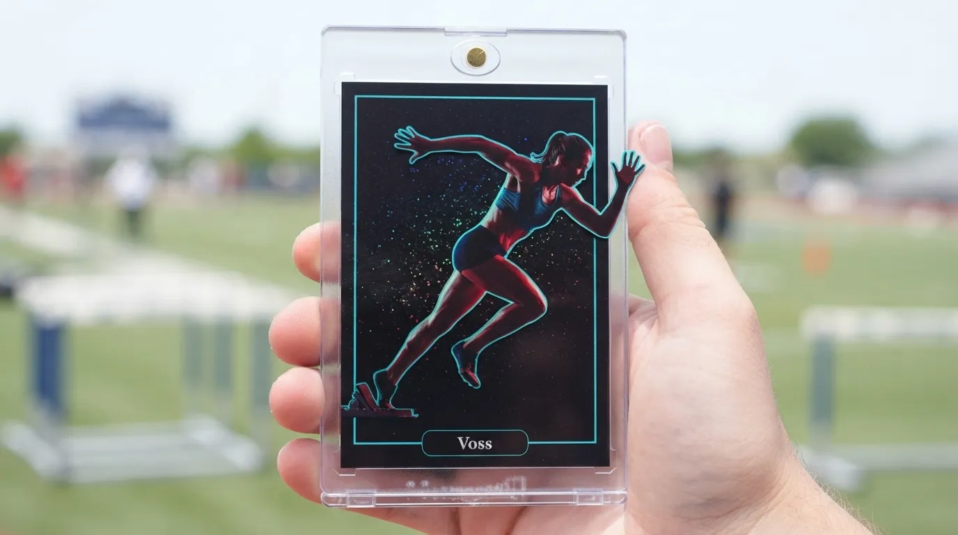 Hand holding magnetic case with premium rc cards trading card featuring rim-lit sprinter design