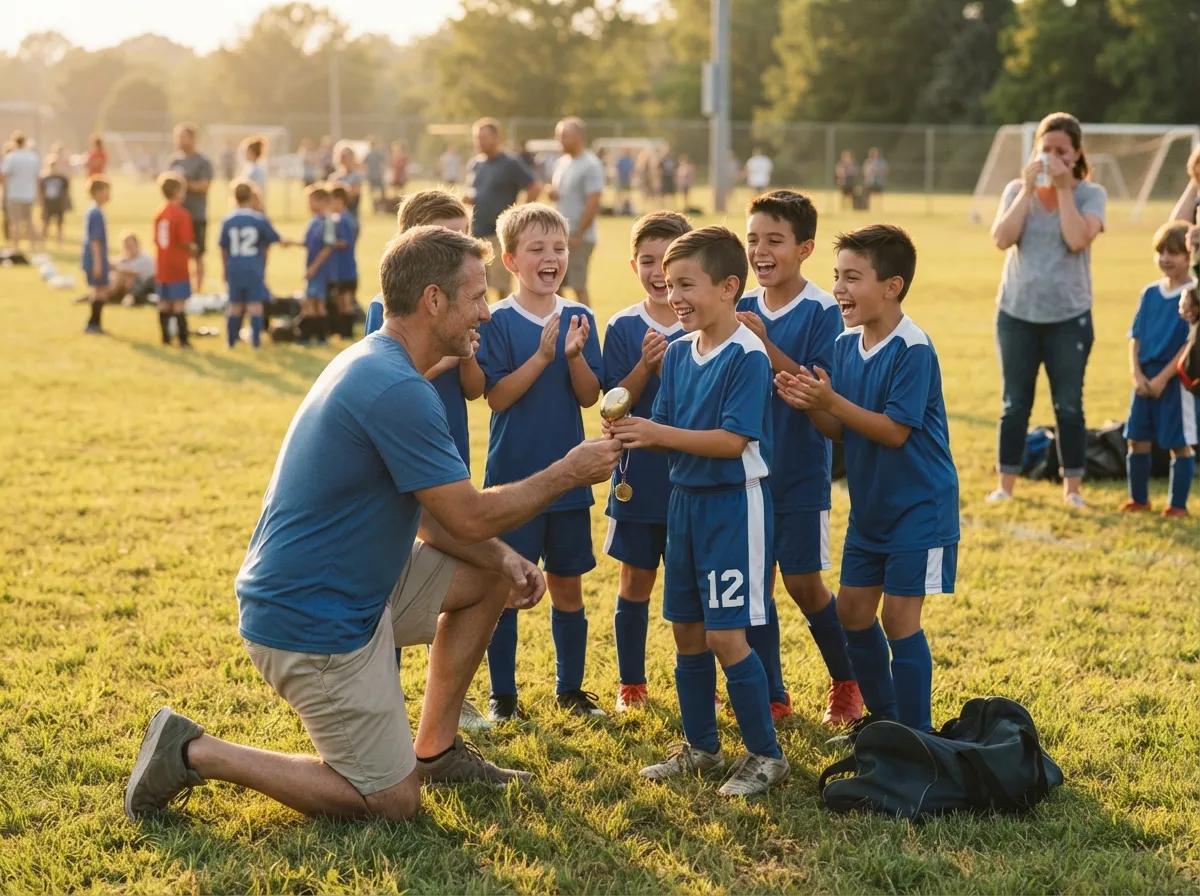 Coach and cheering teammates celebrate with young athlete on sunny sports field