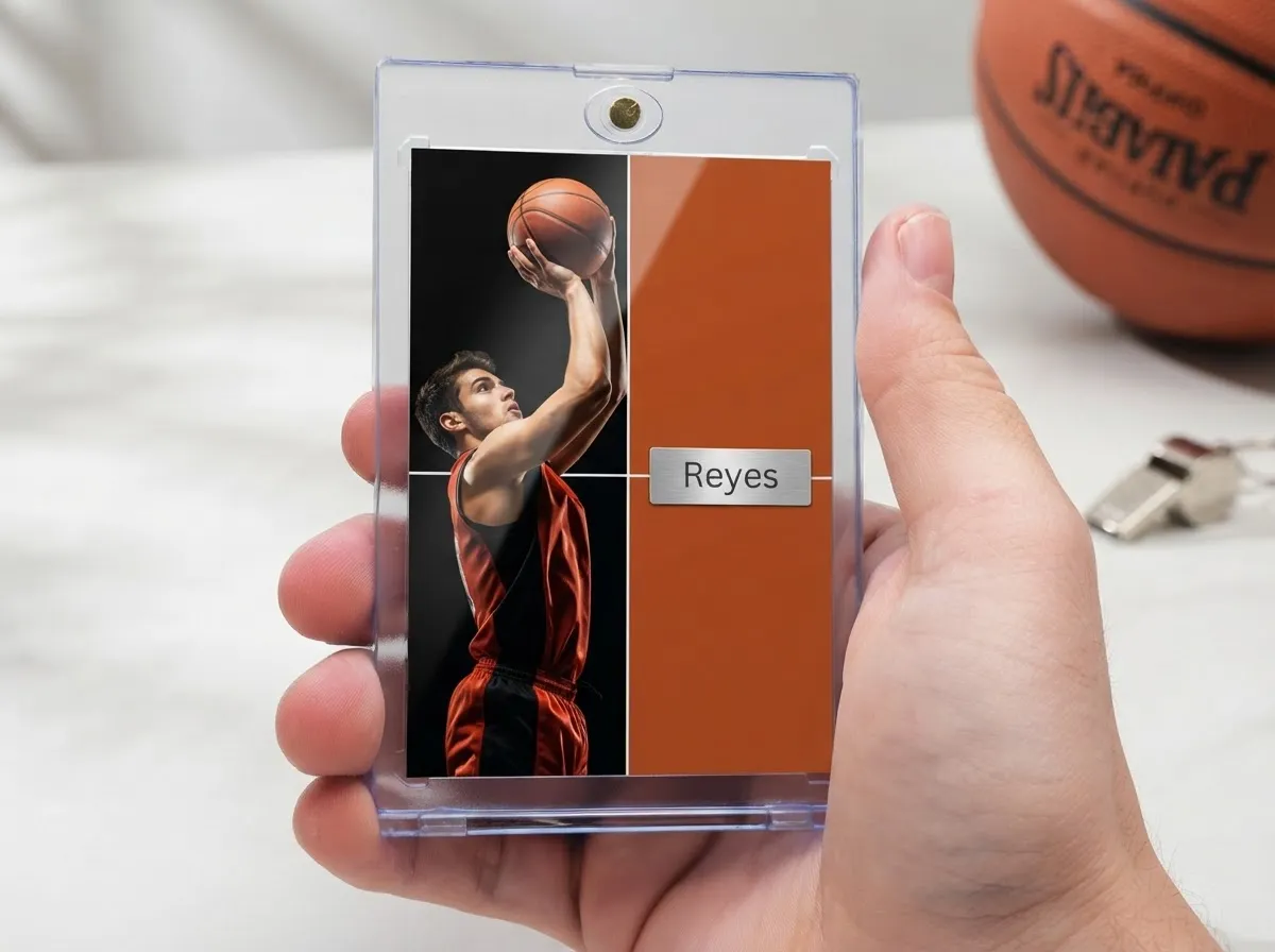 Custom sports trading card in magnetic case showing split-panel basketball player design