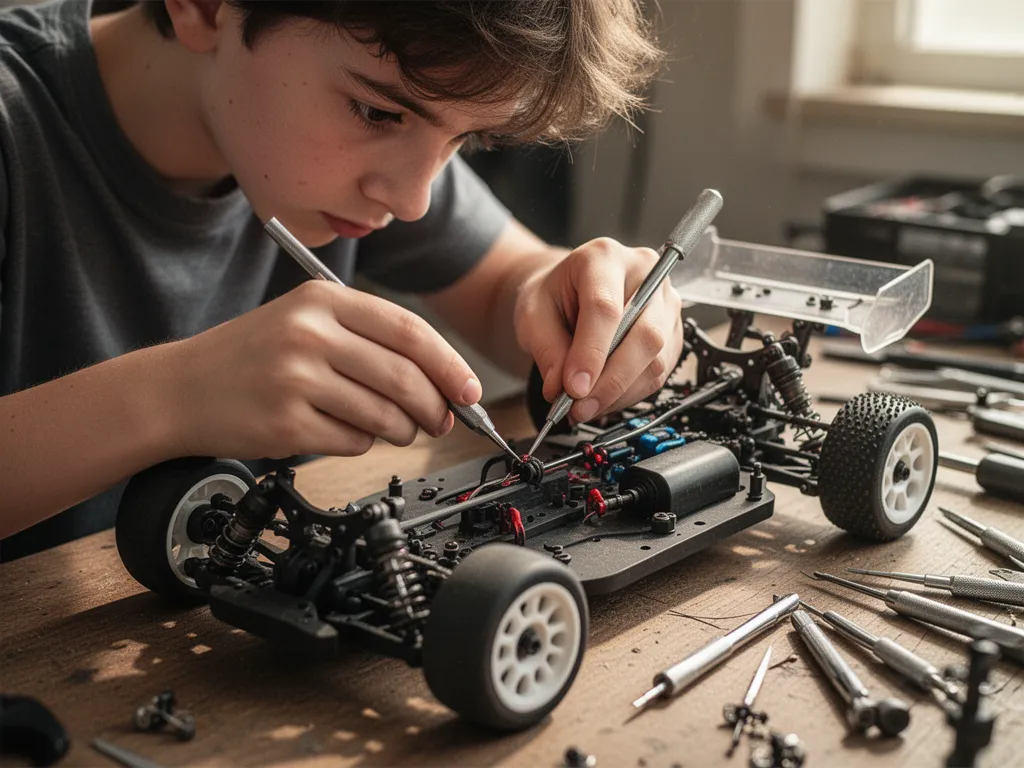 [Young enthusiast's hands carefully customizing RC car chassis with precision tools showing dedication]
