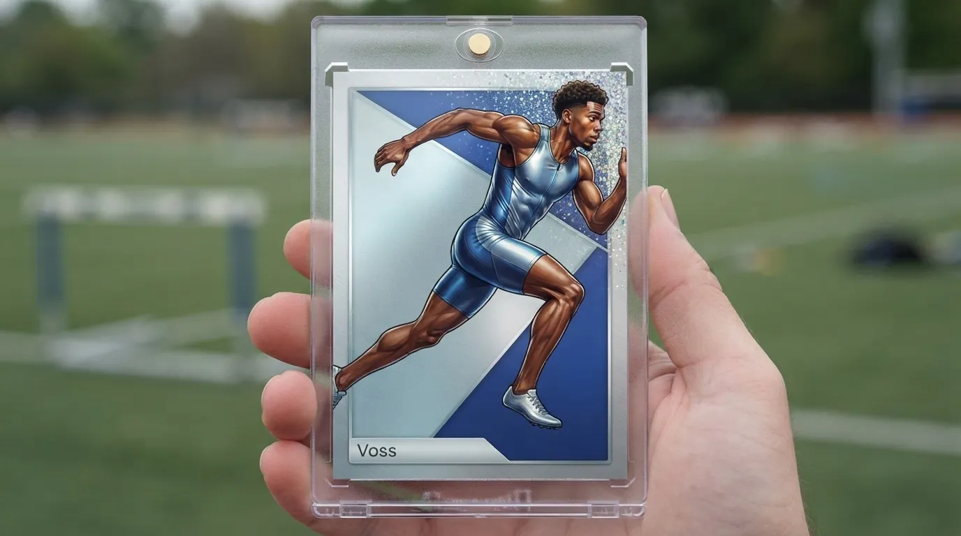 Hand holding rc custom magnetic case with icy blue-silver refractor sprinter trading card.
