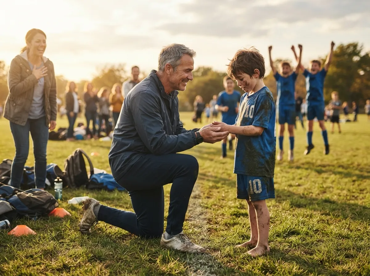 Coach kneeling to share a proud moment with young athlete on sunlit field.