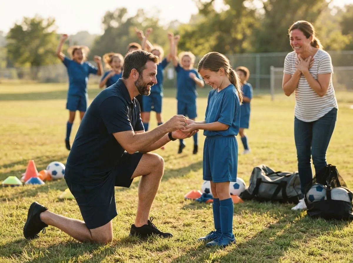 Coach and young athlete share a warm moment on sunny sports field with proud parent nearby.