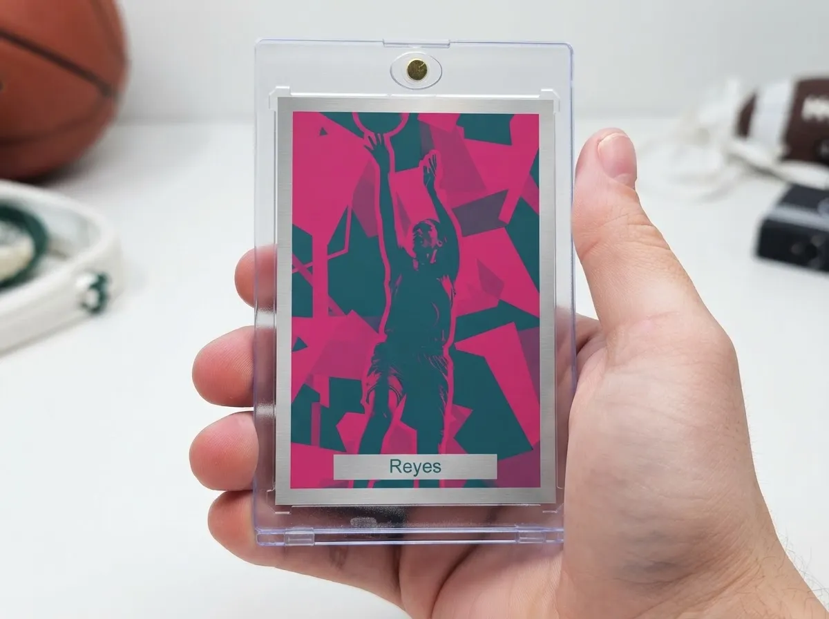 Custom sports trading card in magnetic case, duotone basketball design on white tabletop.