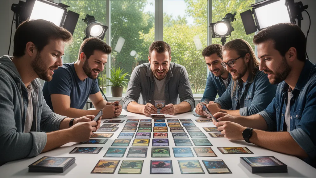 Custom trading card creators collaborating together at a table with cards and materials.