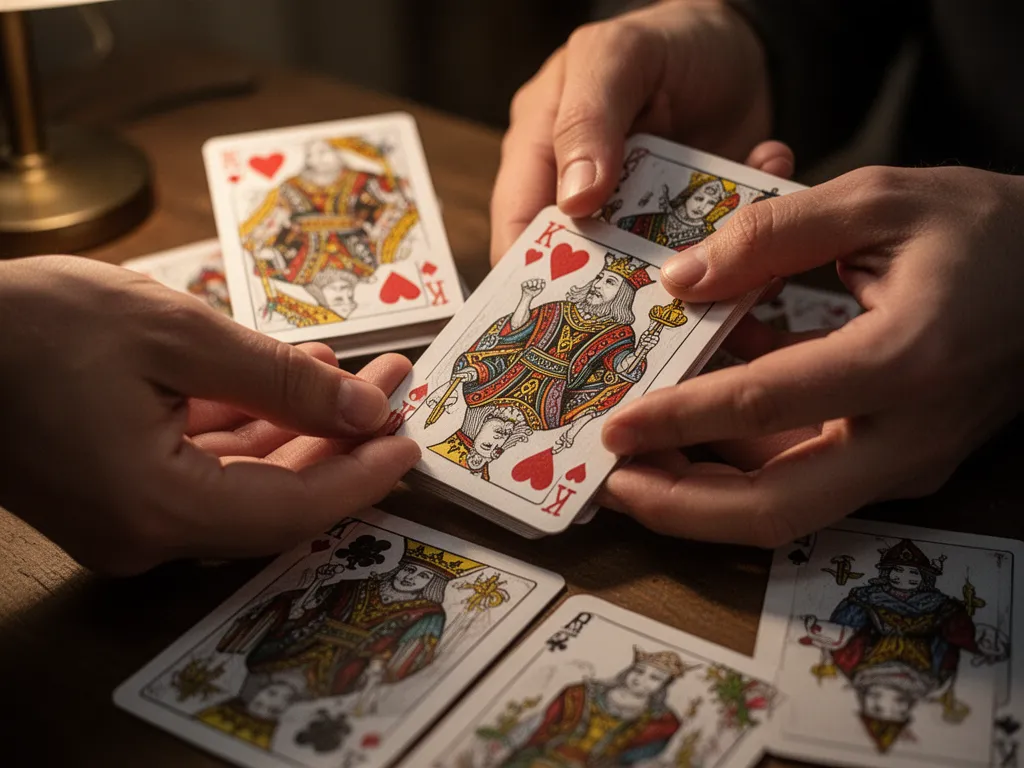 Artist's hands arranging hand-crafted custom trading cards with careful detail and passion.