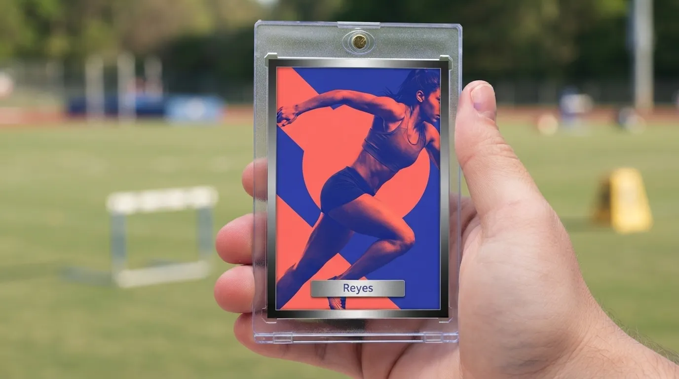 Hand holding magnetic case with duotone recipe cards sports card featuring sprinter mid-stride.