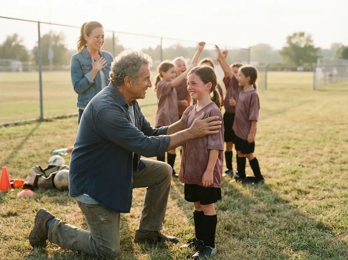 Coach and young athlete share proud moment on field as parent and team celebrate nearby.