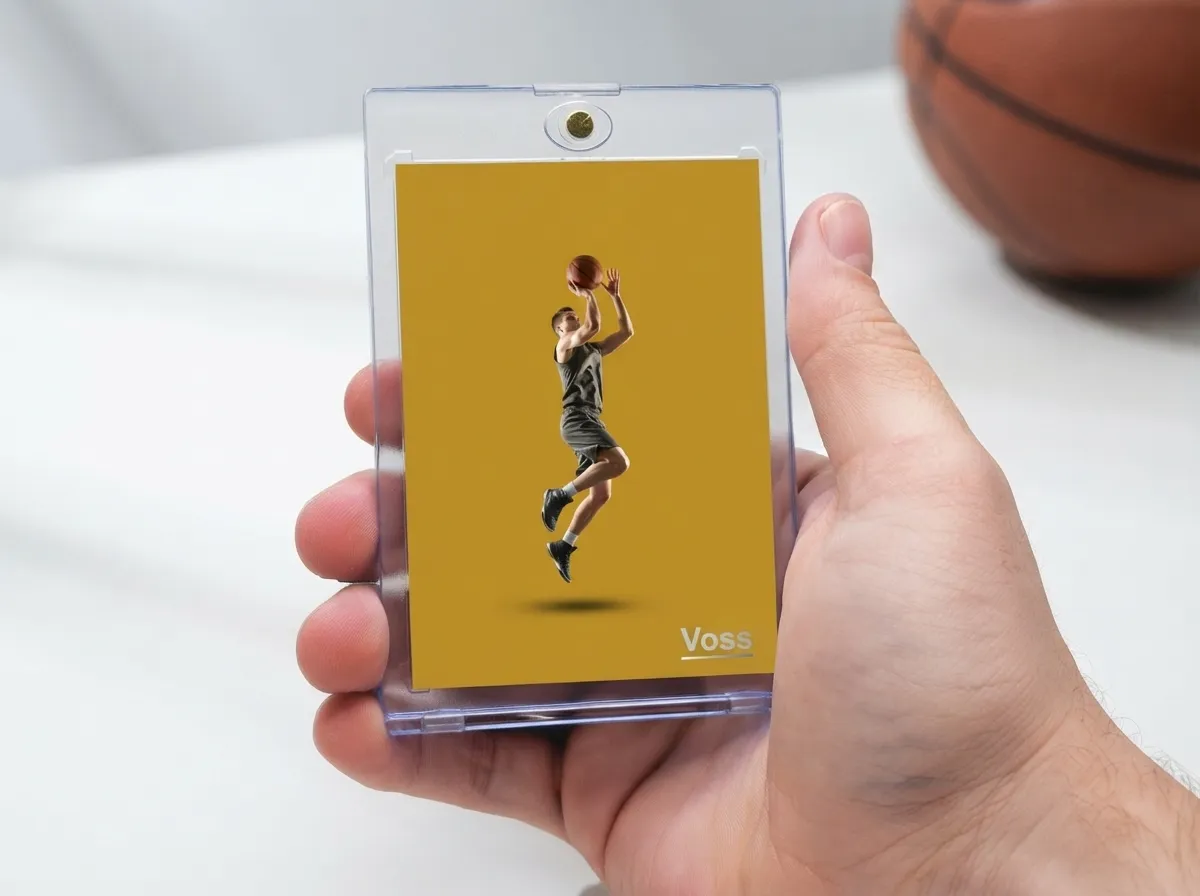 Magnetic case holding custom sports trading card with basketball player on yellow background.