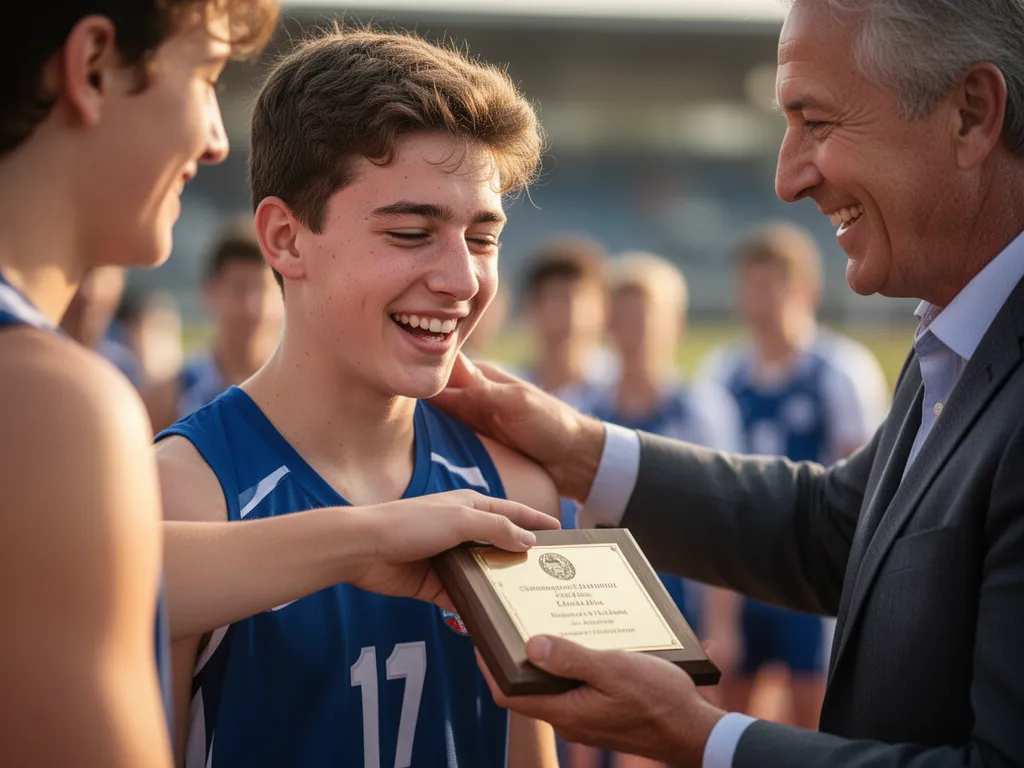 Young athlete smiling while receiving recognition plaque from coach or parent in emotional celebration moment