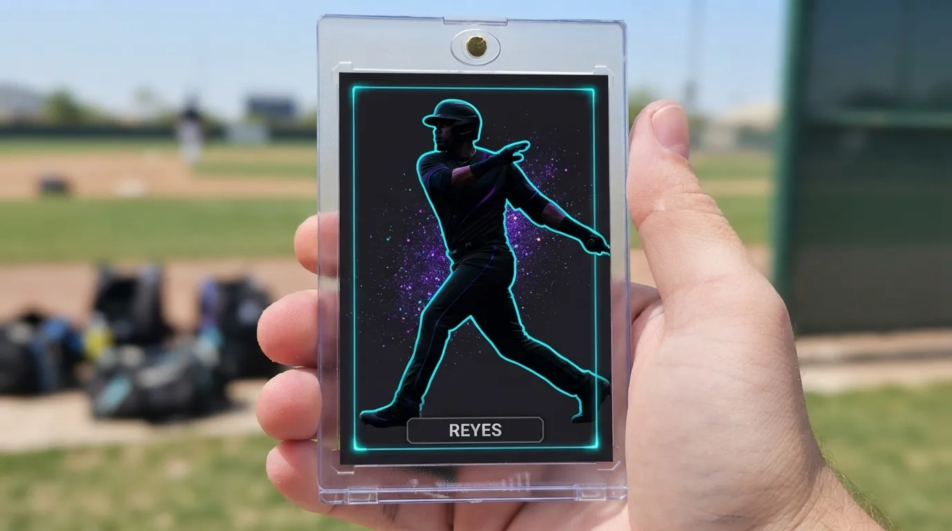 Hand holding magnetic case with dark neon retirement gag gifts trading card on sunny field.