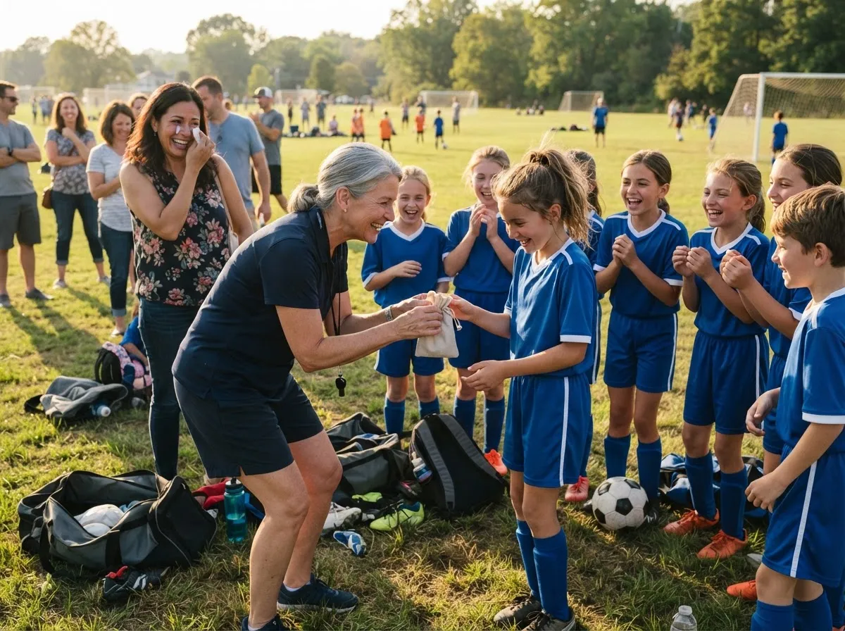 Coach and young athlete share proud, emotional moment during team field celebration.
