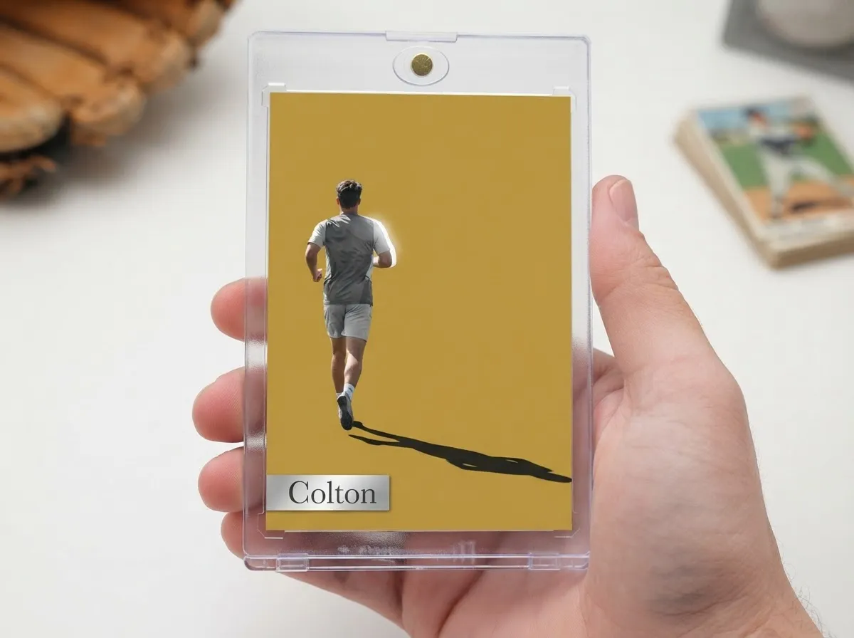 Magnetic case holding gold editorial-style custom sports trading card on white tabletop.
