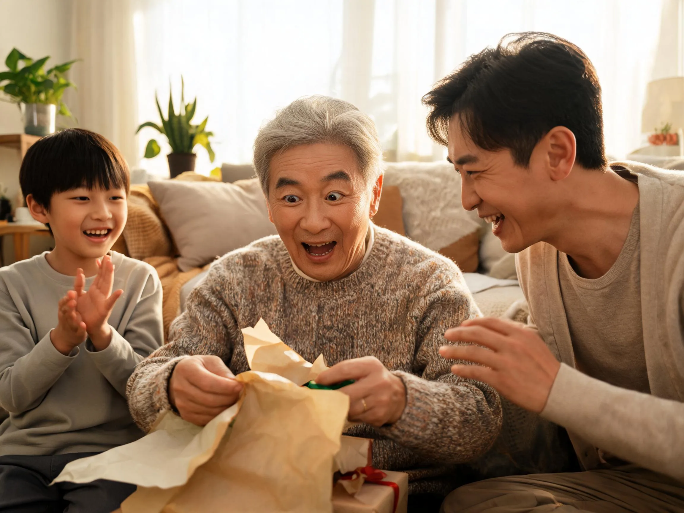 Family celebrates a joyful surprise as retiree unwraps a heartfelt gift at home.