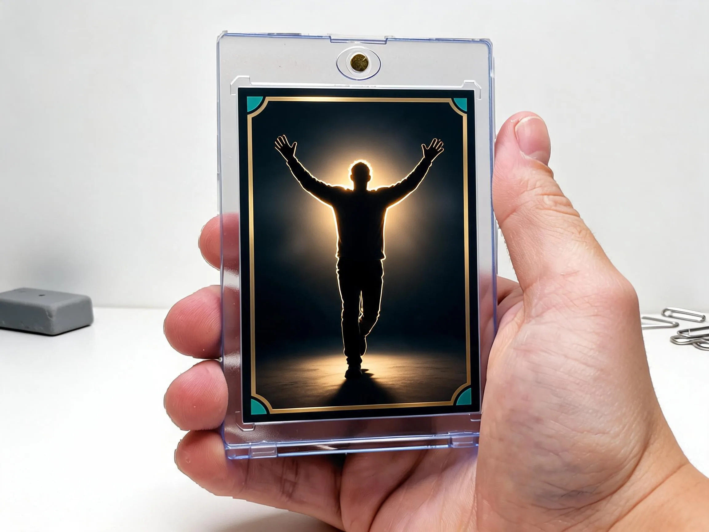 Custom keepsake trading card of a retiree in a magnetic case on white tabletop.