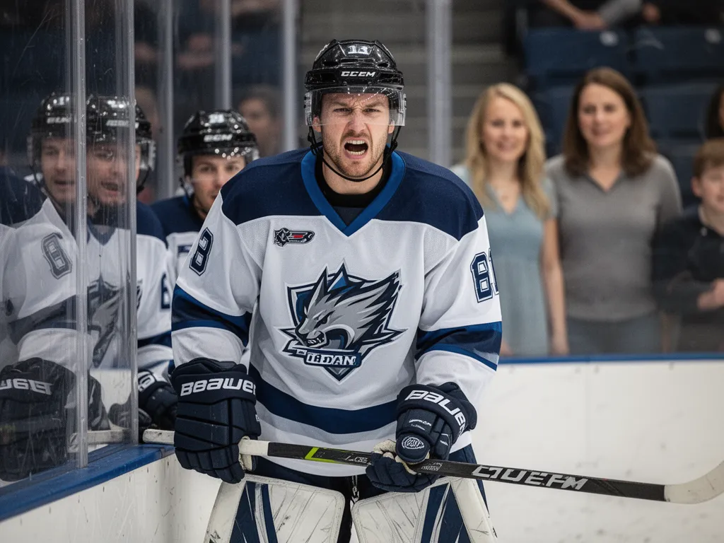 Hockey player showing emotion and determination with blurred teammates and supportive parents in background