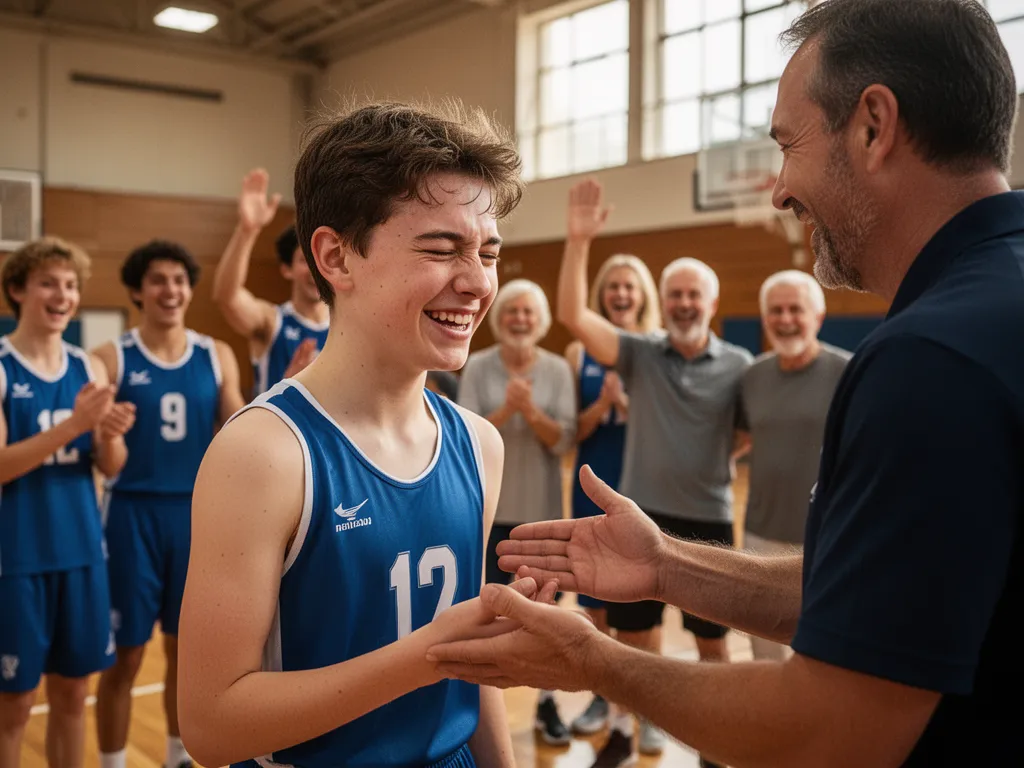 Young athlete beaming with pride as coach presents award while team and parents celebrate nearby