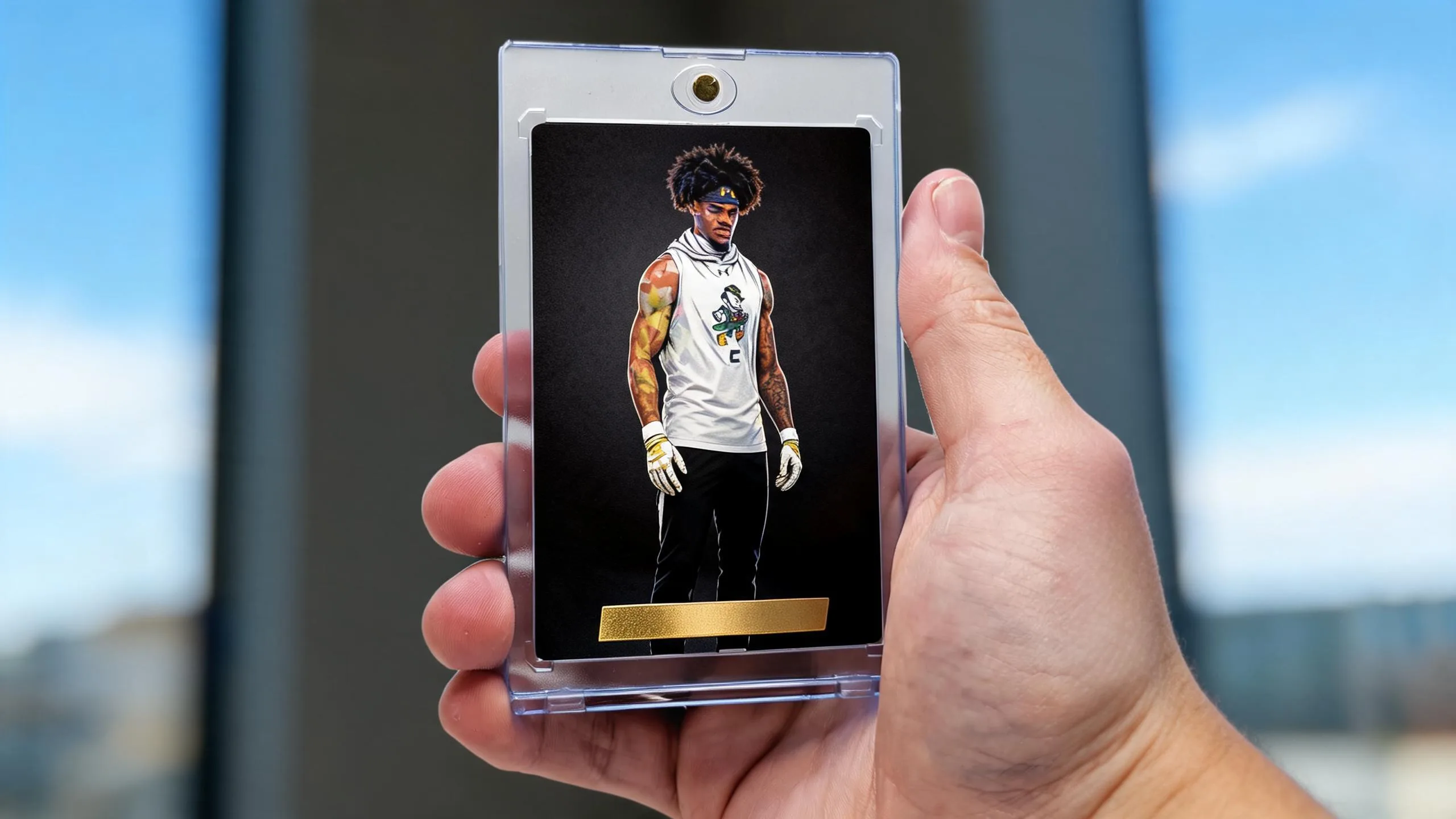 Hand holding sample trading cards in a magnetic case, gold-foil athlete design, sunny blue sky.