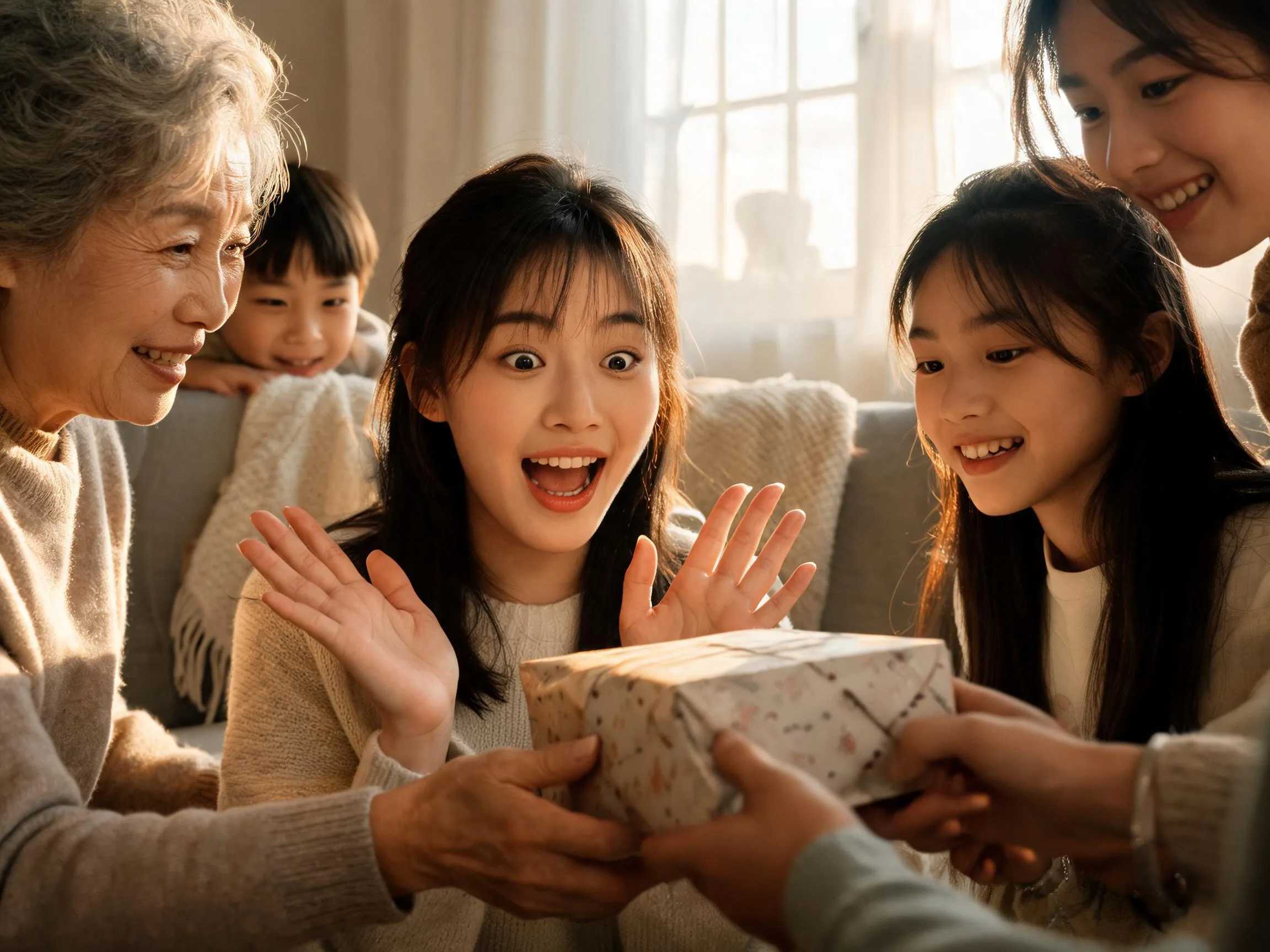 Person reacting with joyful surprise while being handed an unexpected gift indoors.