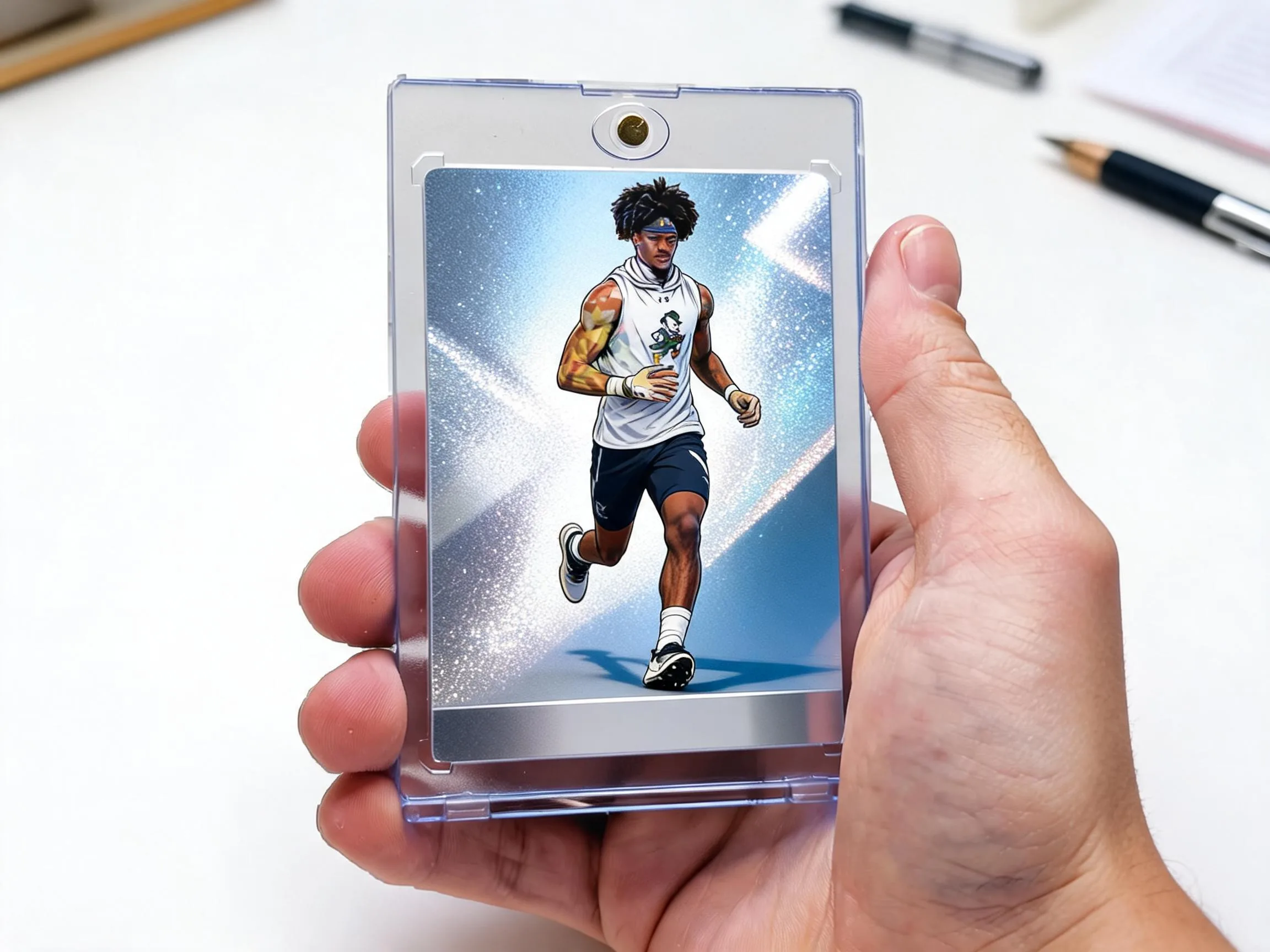 Custom keepsake trading card in magnetic case, chrome refractor finish, blank foil bar.
