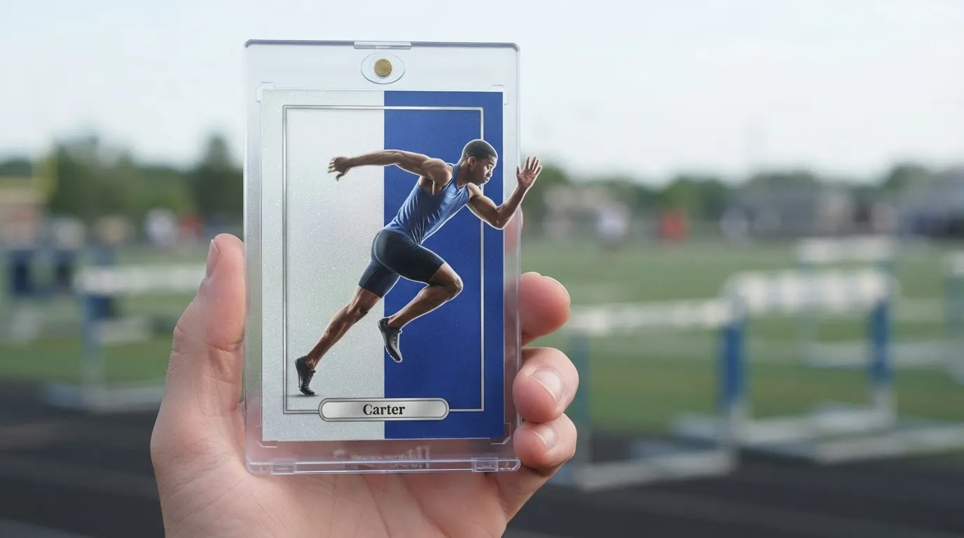 Hand holding magnetic case with icy blue-silver scripture cards sports card of sprinter mid-stride.