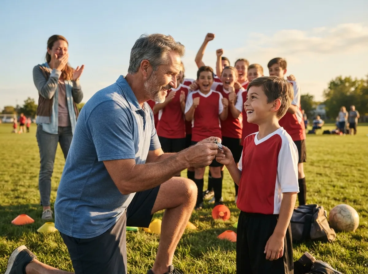 Coach and cheering teammates share proud emotional moment with young athlete on sunlit field.