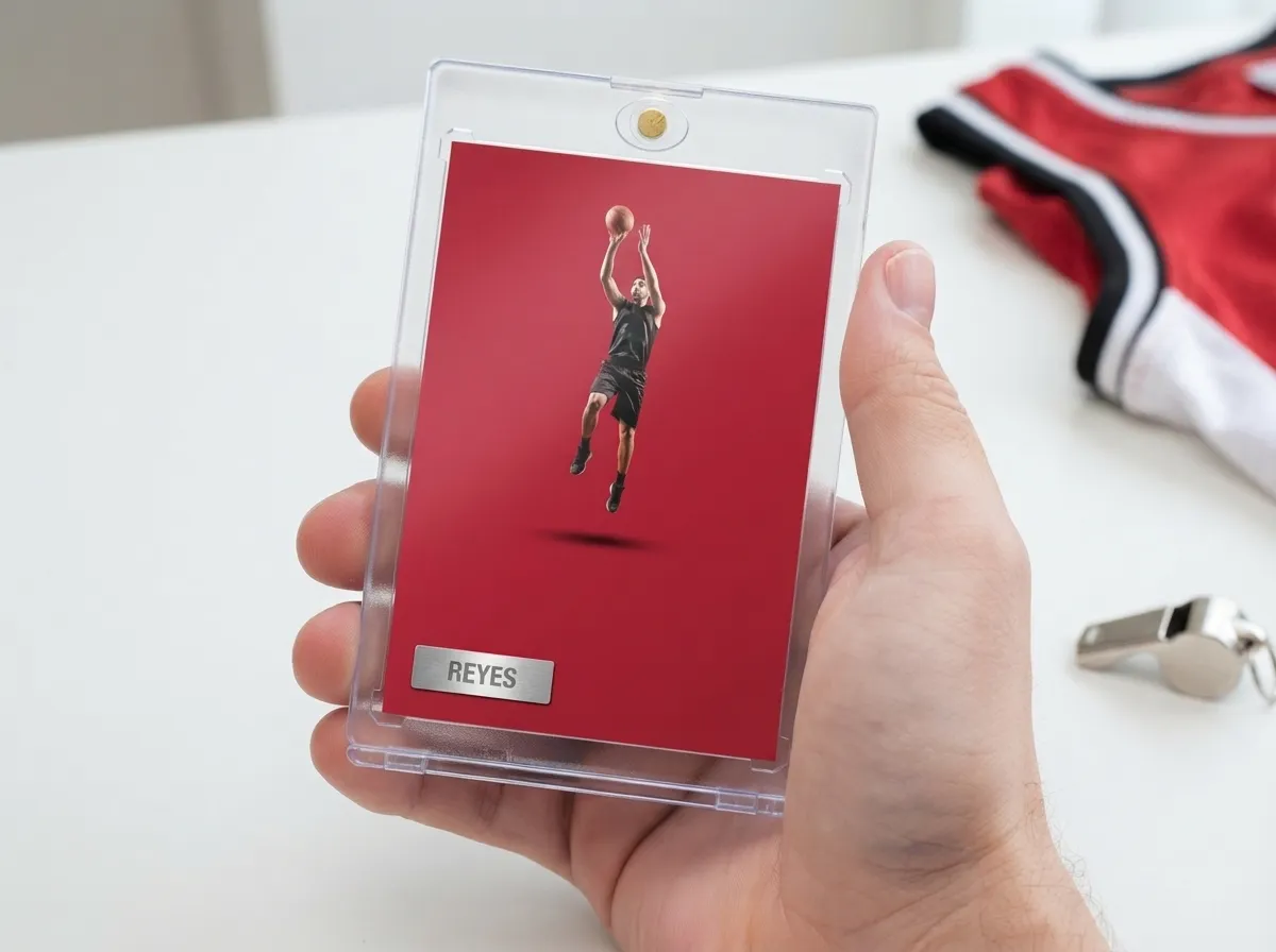 Hand holding magnetic case with red editorial-style scripture cards sports trading card design.