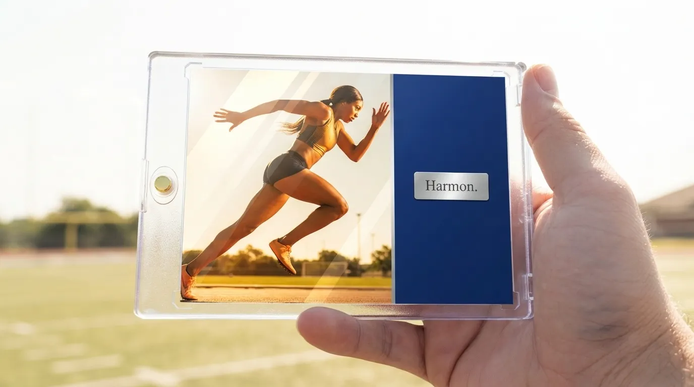 Hand holding magnetic case with sprinter trading card, a creative secret santa gift ideas present.