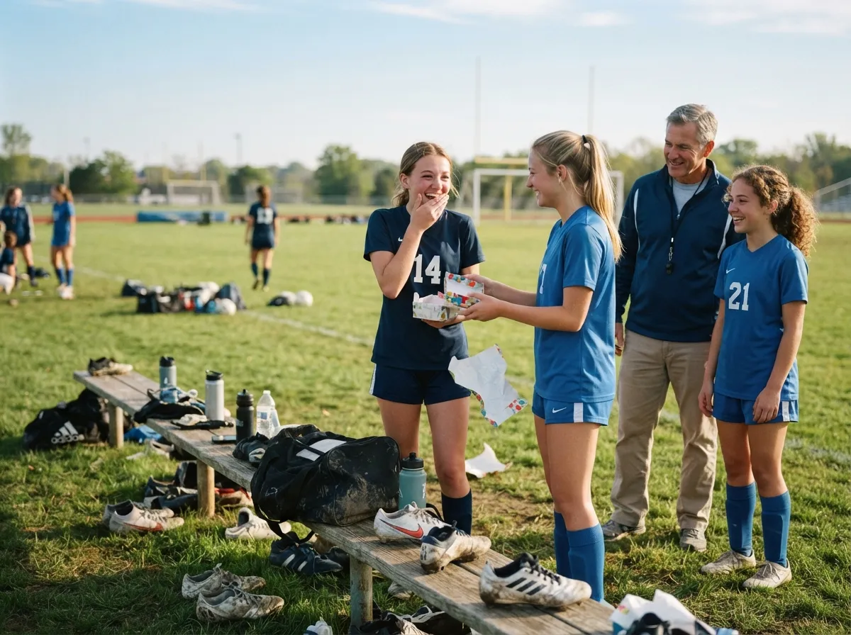 Teen athlete joyfully surprised while unwrapping a gift on a sunny sports field.