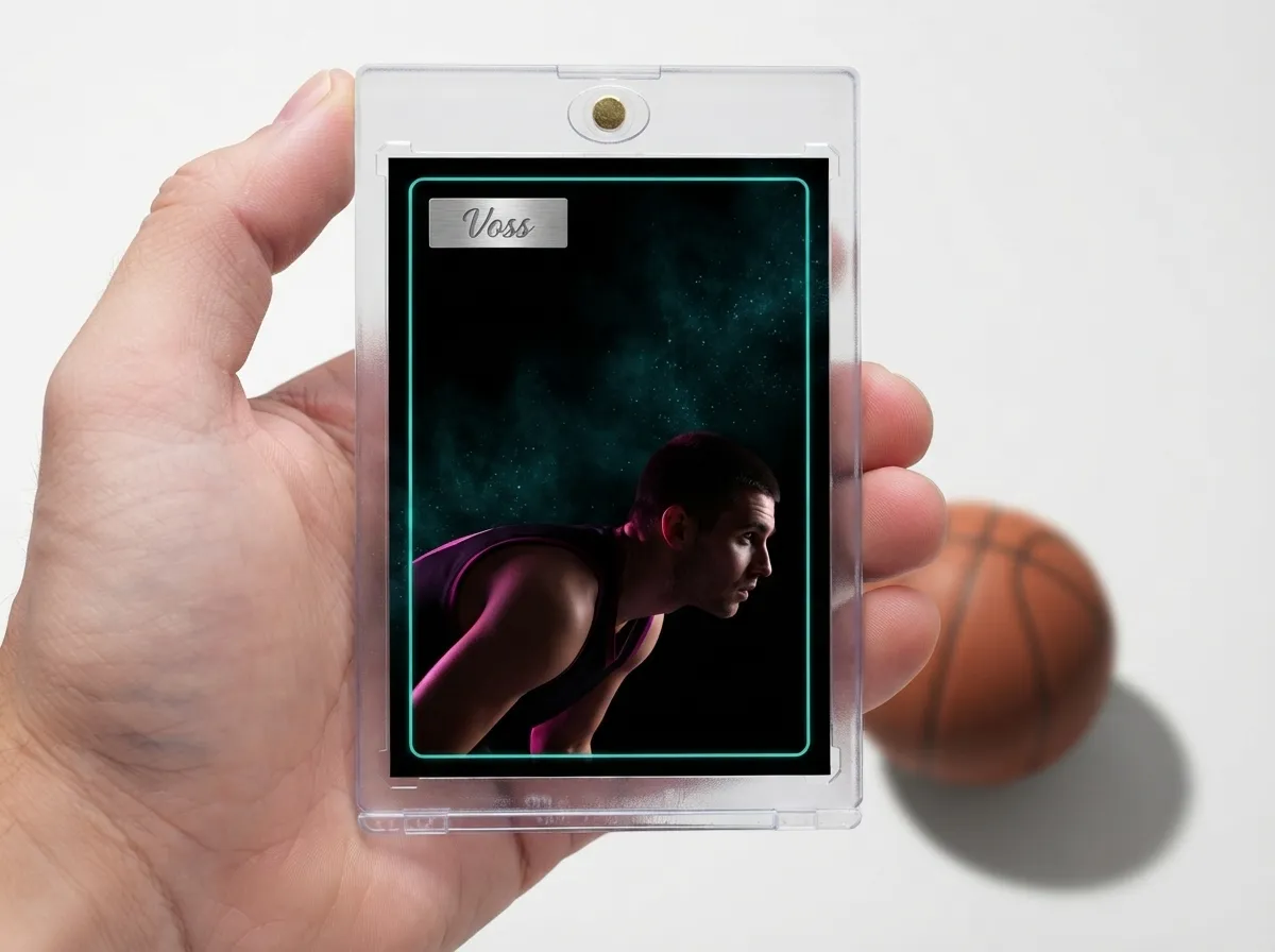 Hand holding custom sports trading card in magnetic case, dramatic dark-themed secret santa gift.