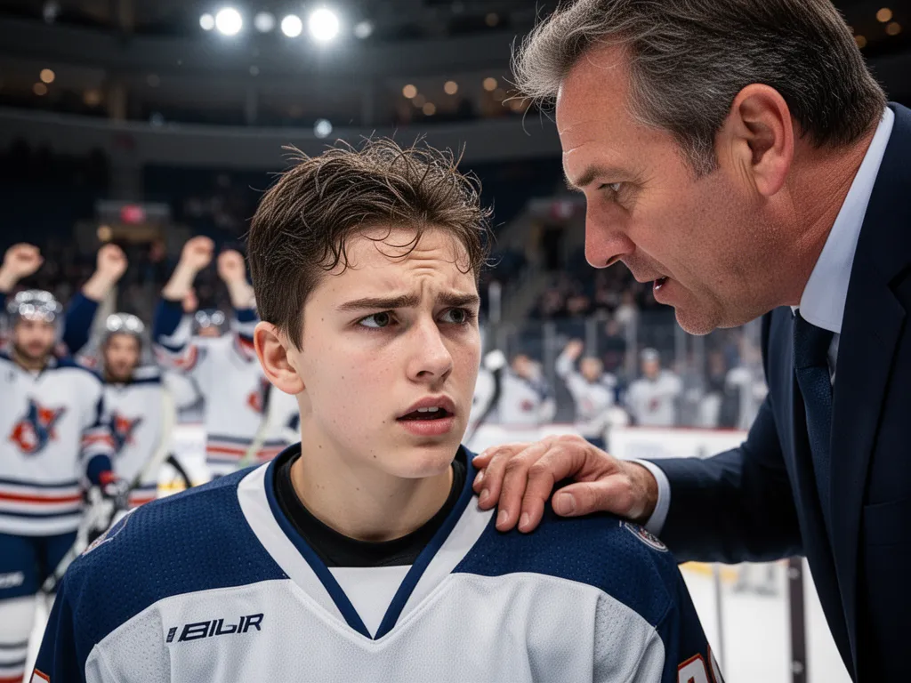 Young hockey player listening intently to coach during game timeout moment