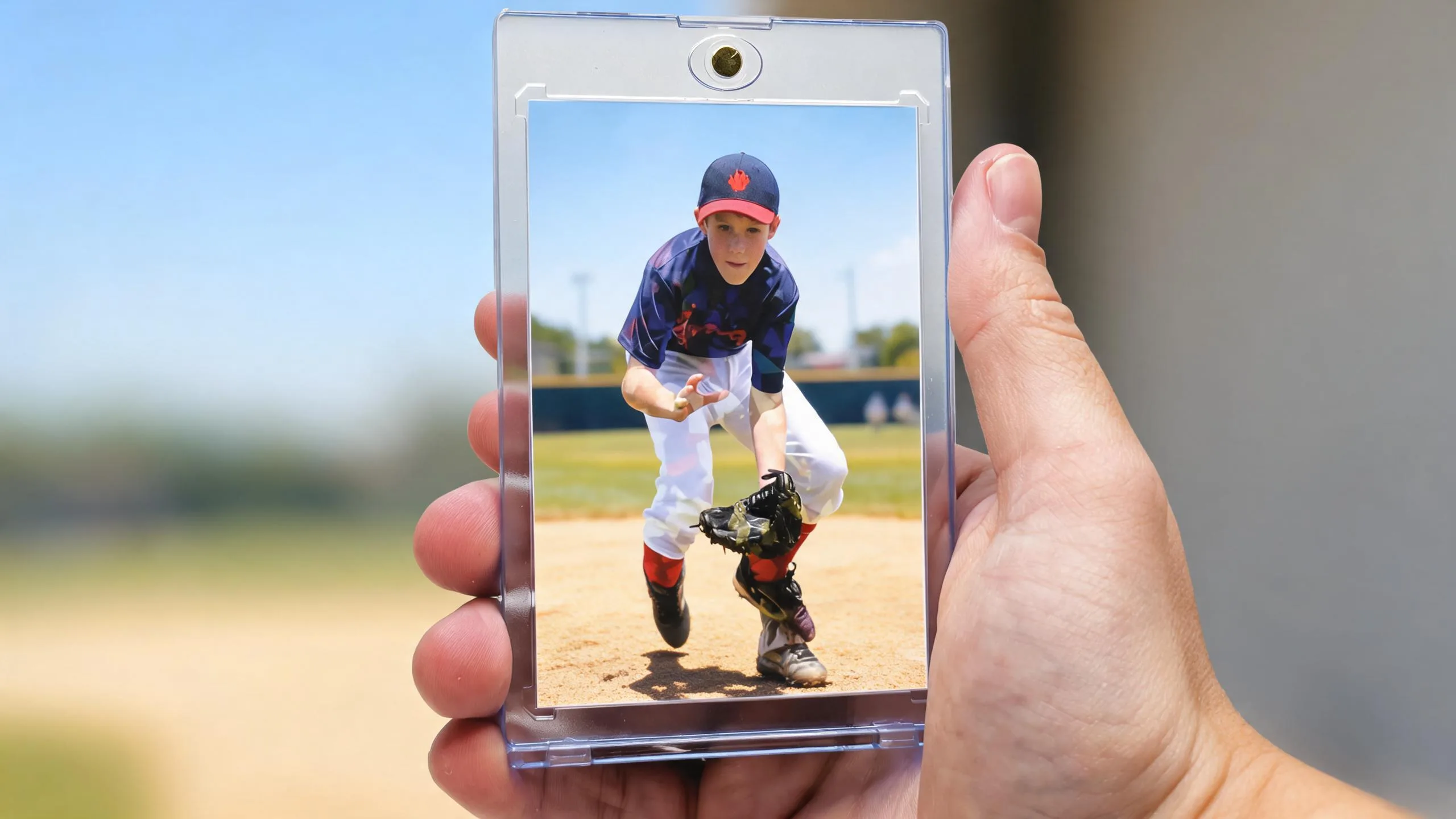 Hand holding magnetic case with athlete card, illustrating how to sell sports cards online free