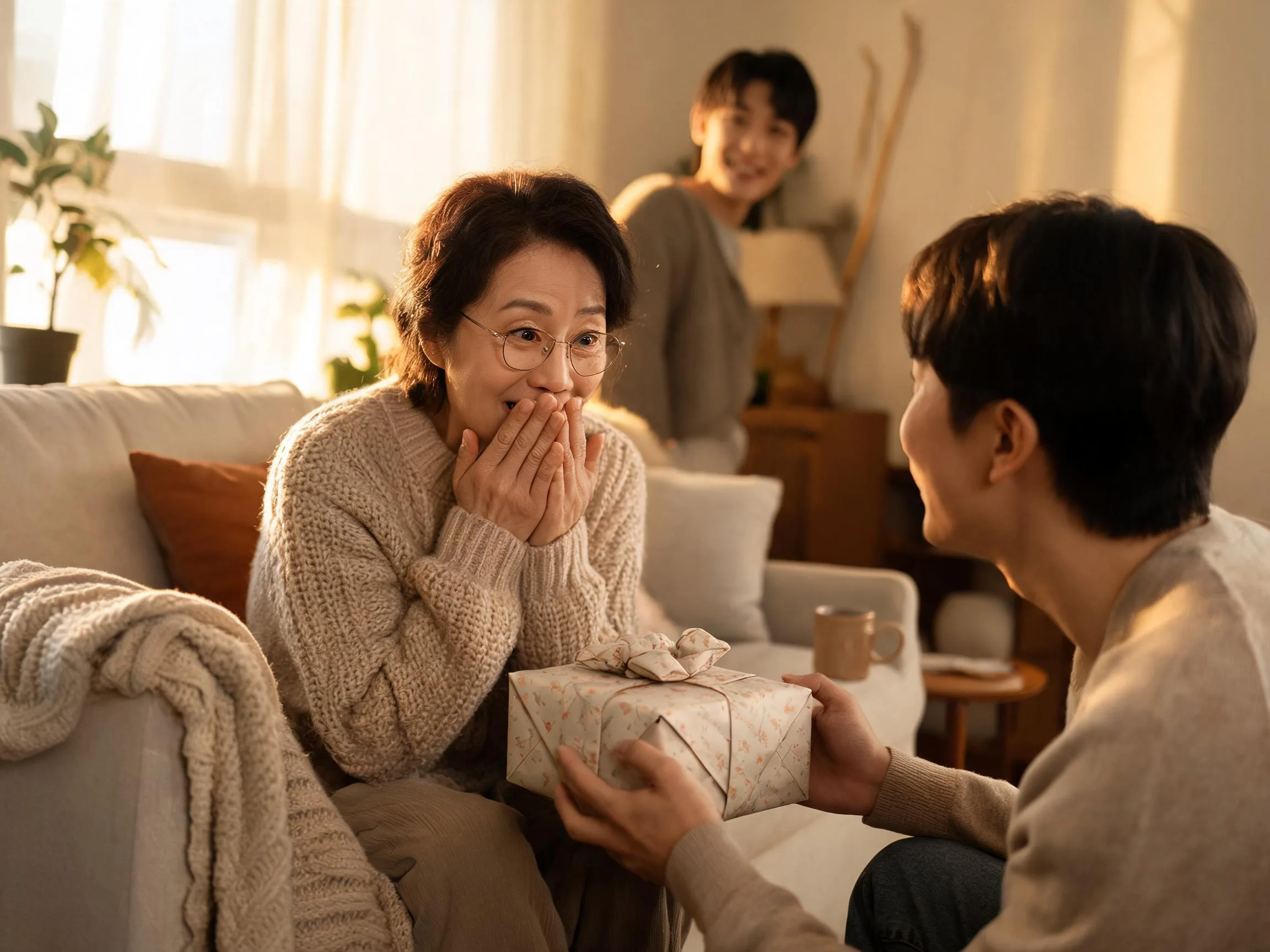 Person reacting with joyful surprise while family member hands them an unexpected wrapped gift