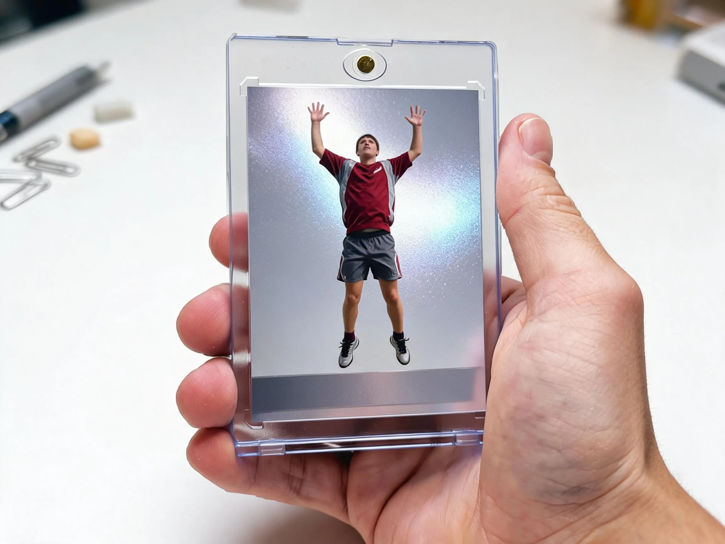 Custom keepsake trading card in a magnetic case with chrome refractor finish, standing on tabletop