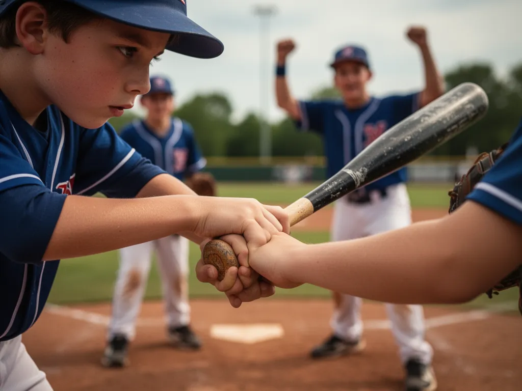 [Young baseball player gripping bat with determination and teammate celebrating in background]