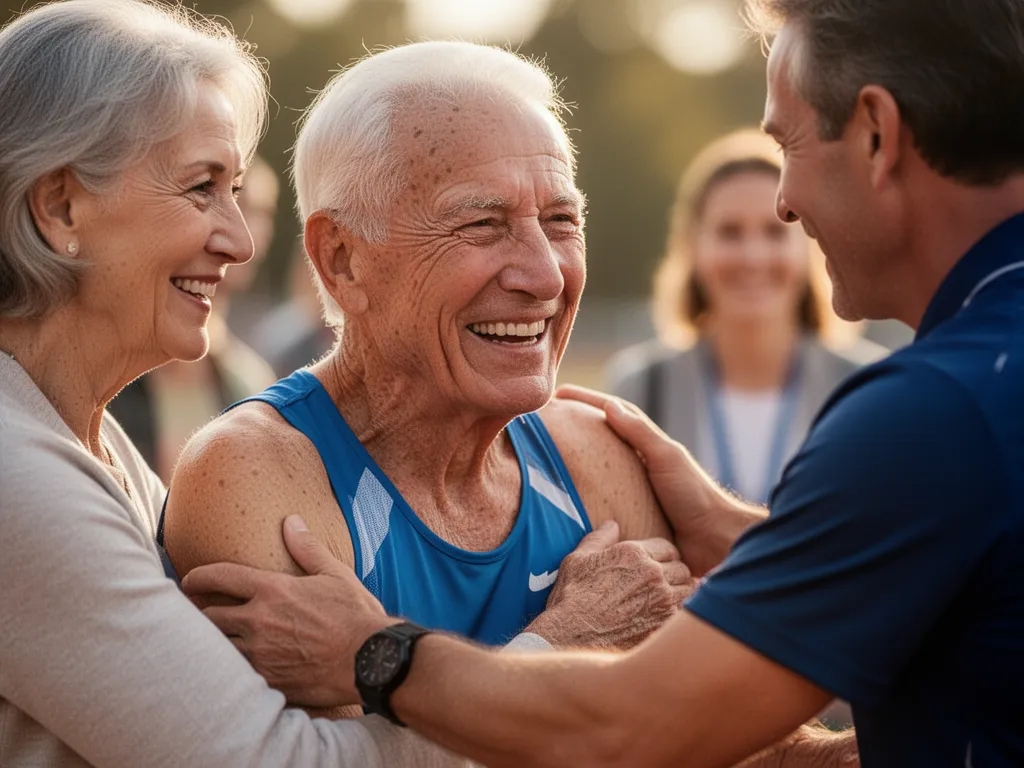 Senior athlete smiling while receiving encouragement from parent or coach during celebration moment