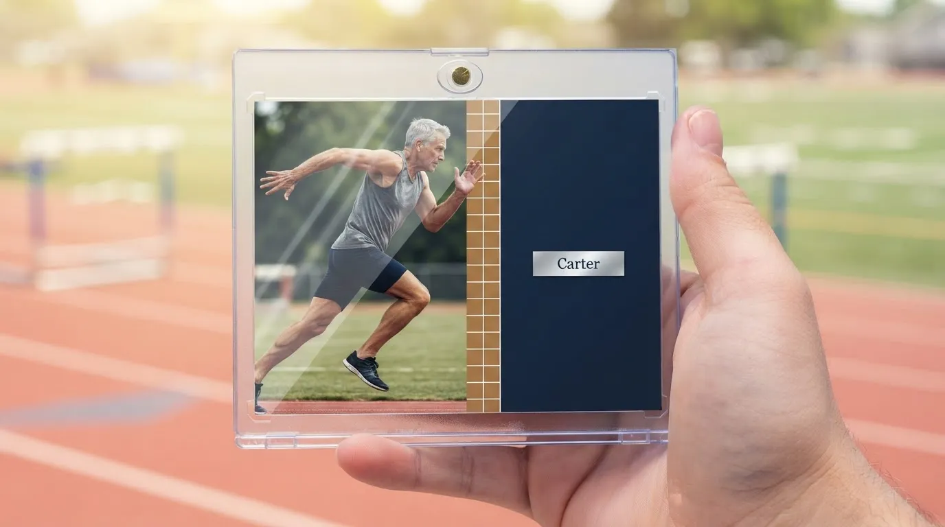 Hand holding magnetic case with senior banner ideas card featuring a sprinting athlete design.
