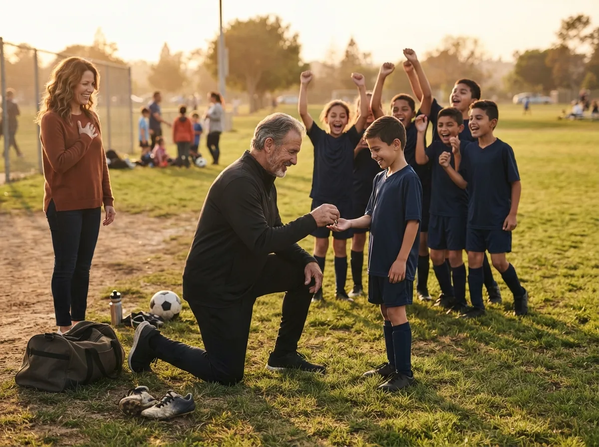 Coach shares proud moment with young athlete as teammates celebrate on the field.