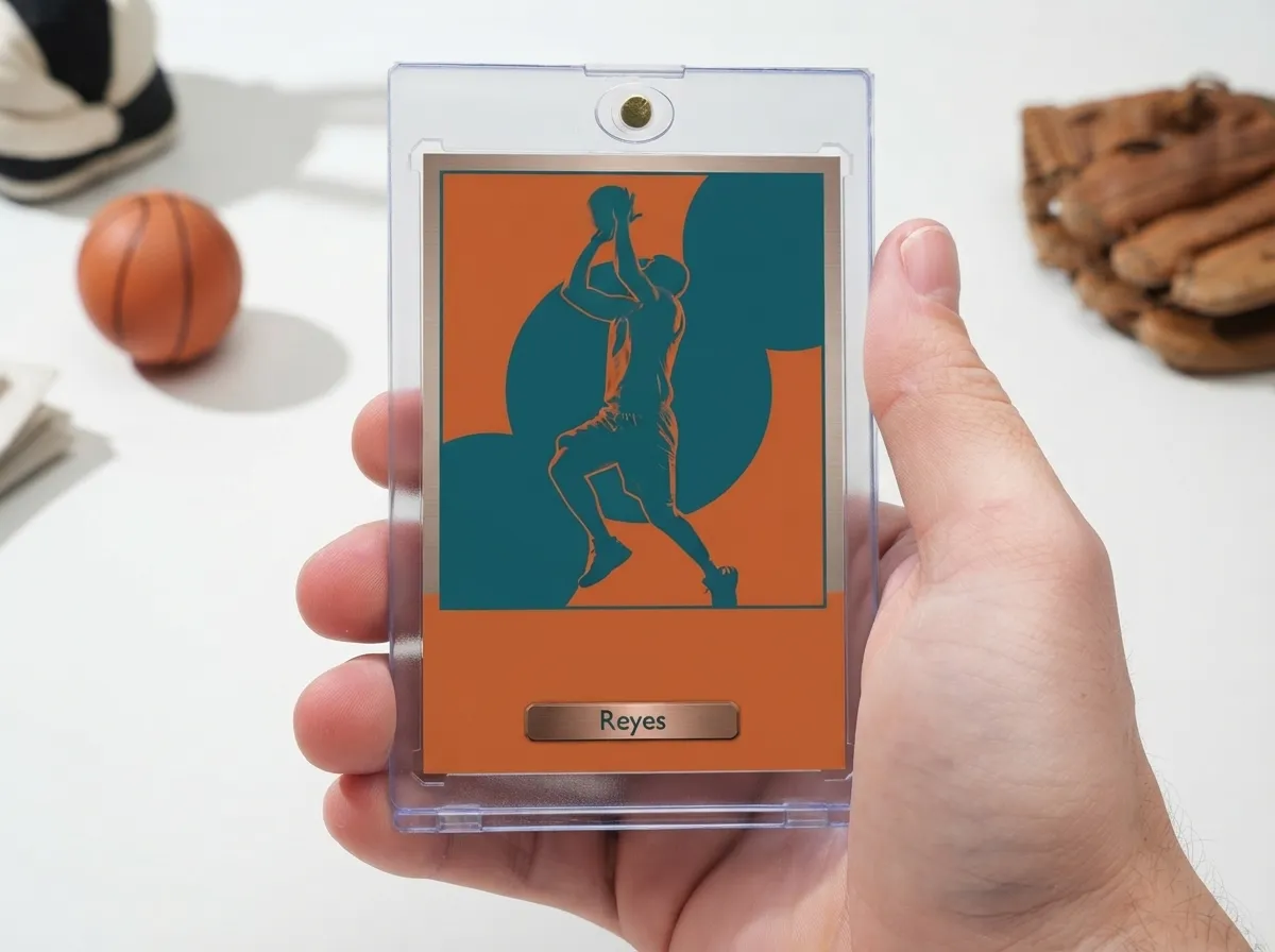 Custom sports trading card in magnetic case showing duotone athlete jump-shot design.