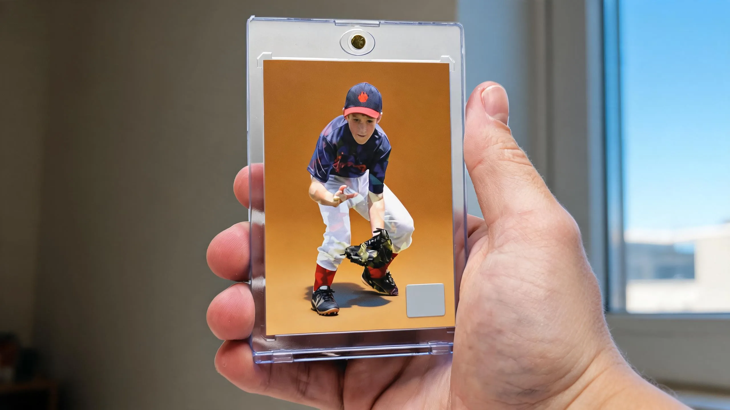 Hand holding a magnetic case with a senior banner pictures keepsake card, sunny blue-sky background.