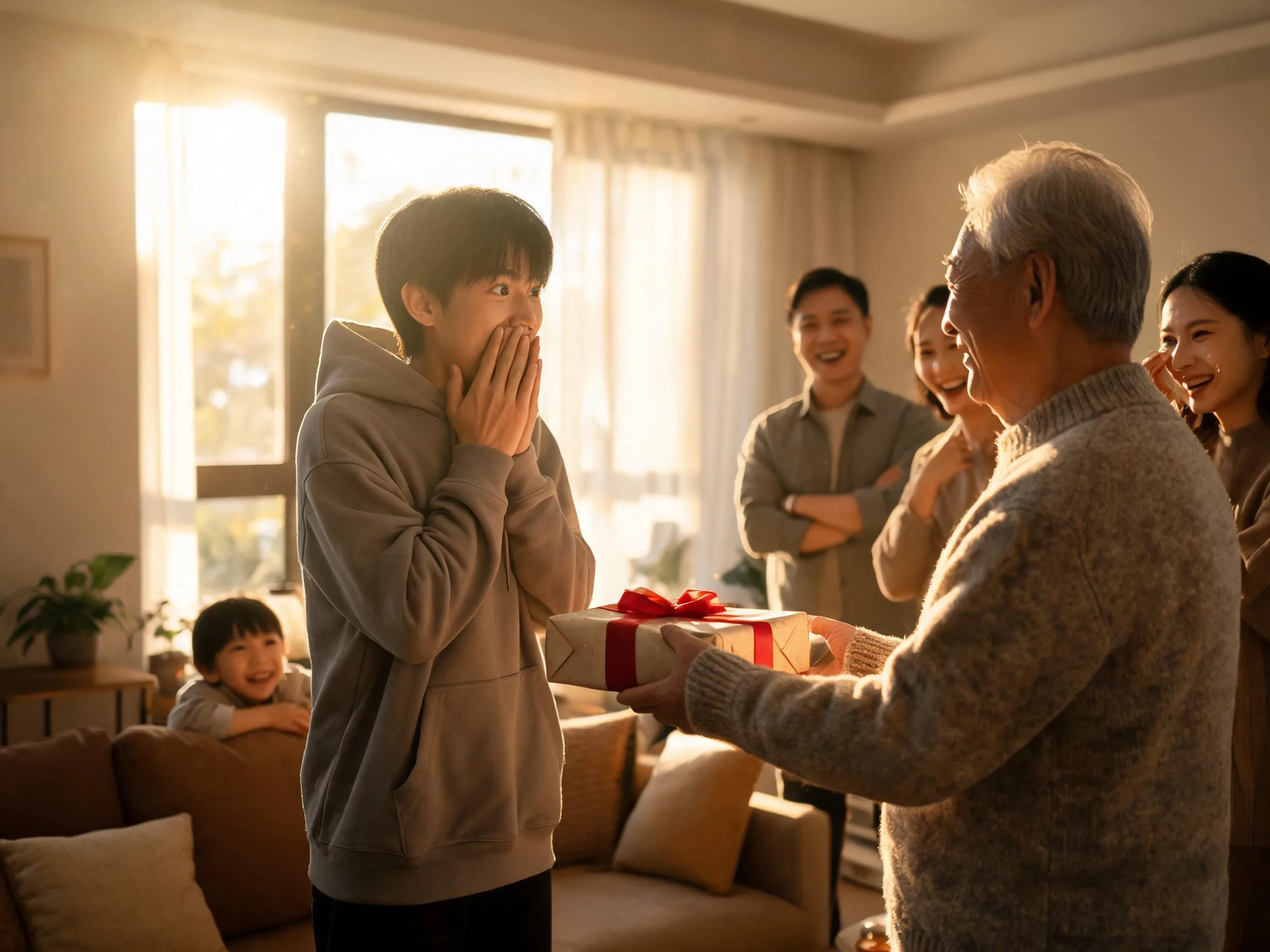 Grandparent surprises teenager with an unexpected gift, joyful genuine family reaction indoors.