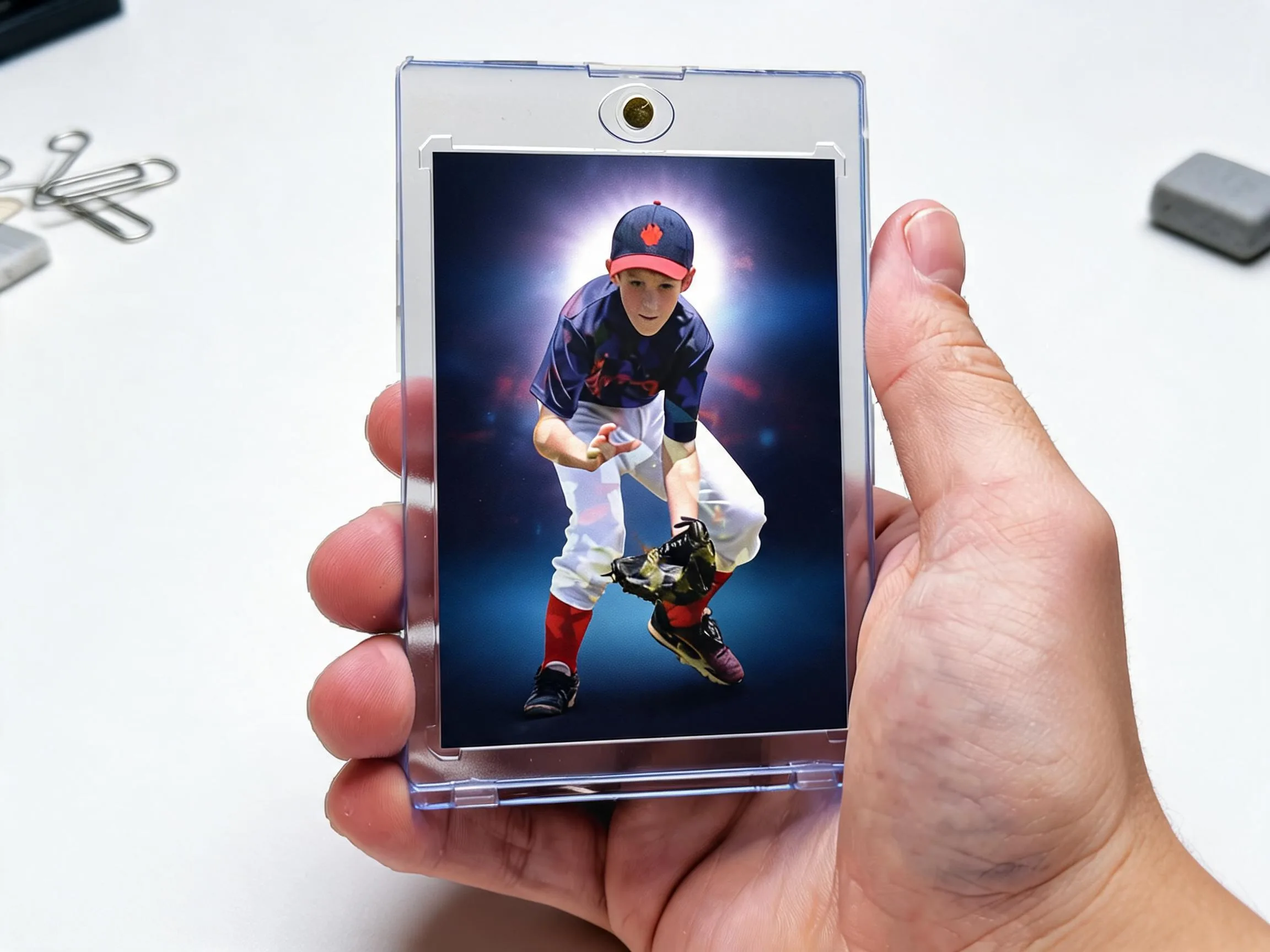 Custom keepsake trading card in a clear magnetic case on a white tabletop display.