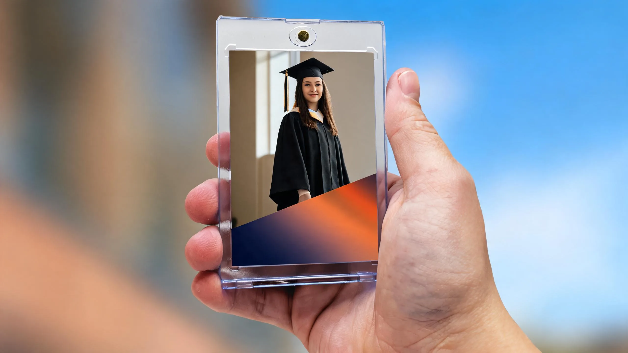 Hand holding magnetic case with senior banner poses graduate card, diagonal band design, sunny background.