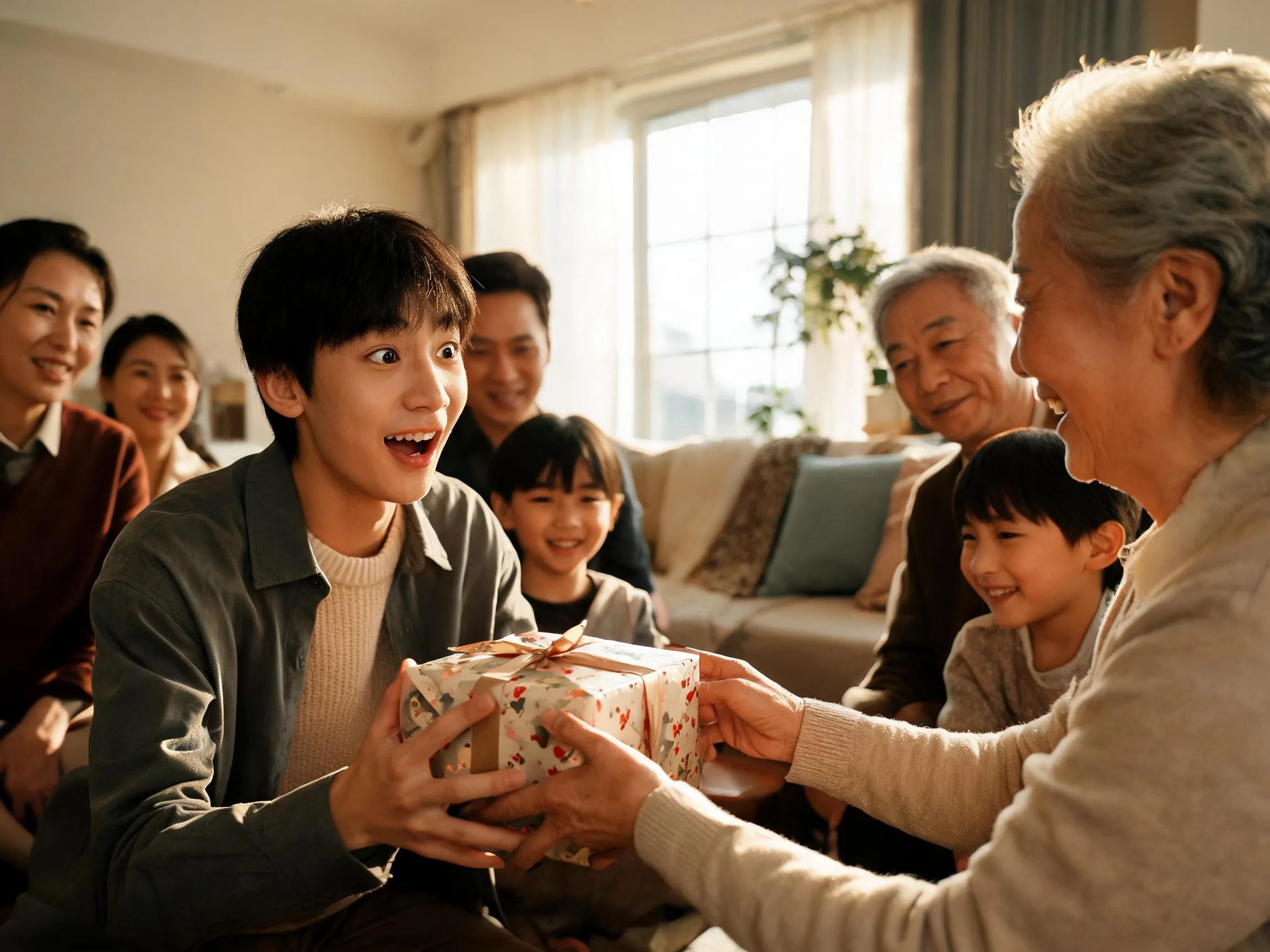 Teenager reacting with joyful surprise while receiving an unexpected gift from family indoors.