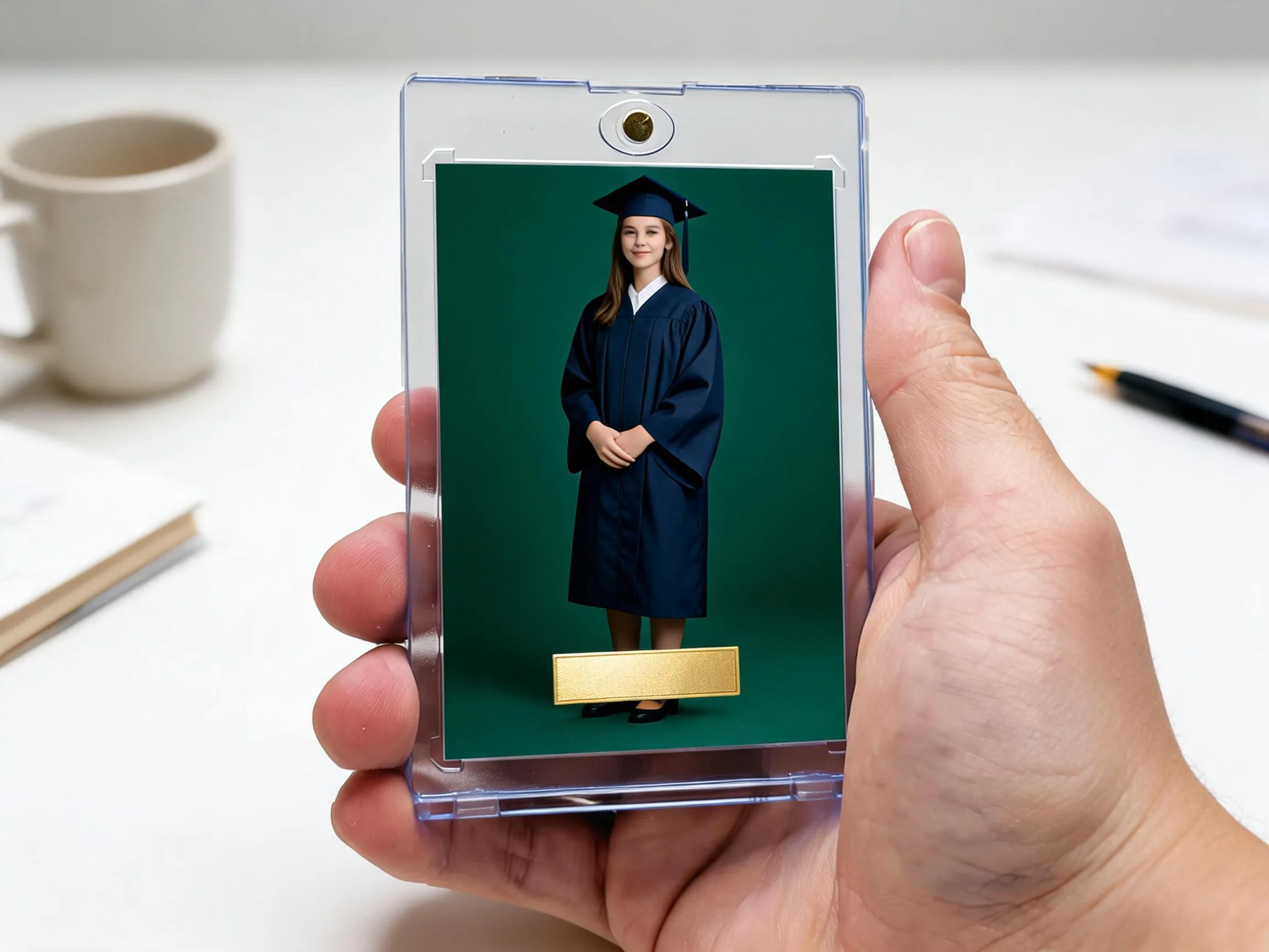 Custom keepsake trading card in magnetic case, emerald editorial design, senior banner poses portrait.