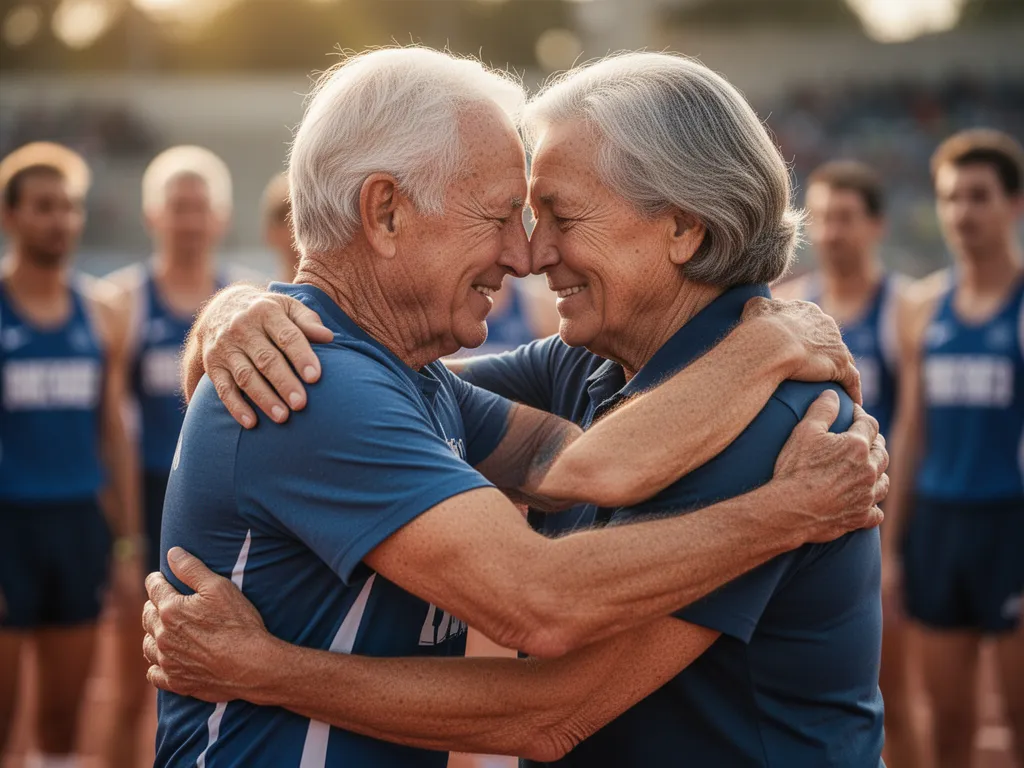 Senior athlete and coach sharing emotional embrace moment after competitive sports event